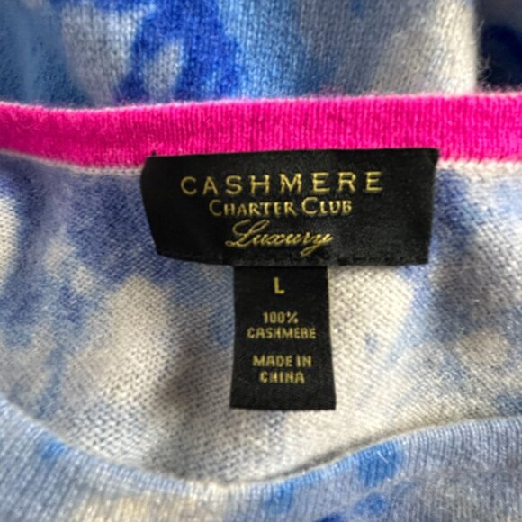 Charter Club Cashmere Sweater Large Blue White Tie-Dye Crewneck Luxury Soft - Picture 3 of 7